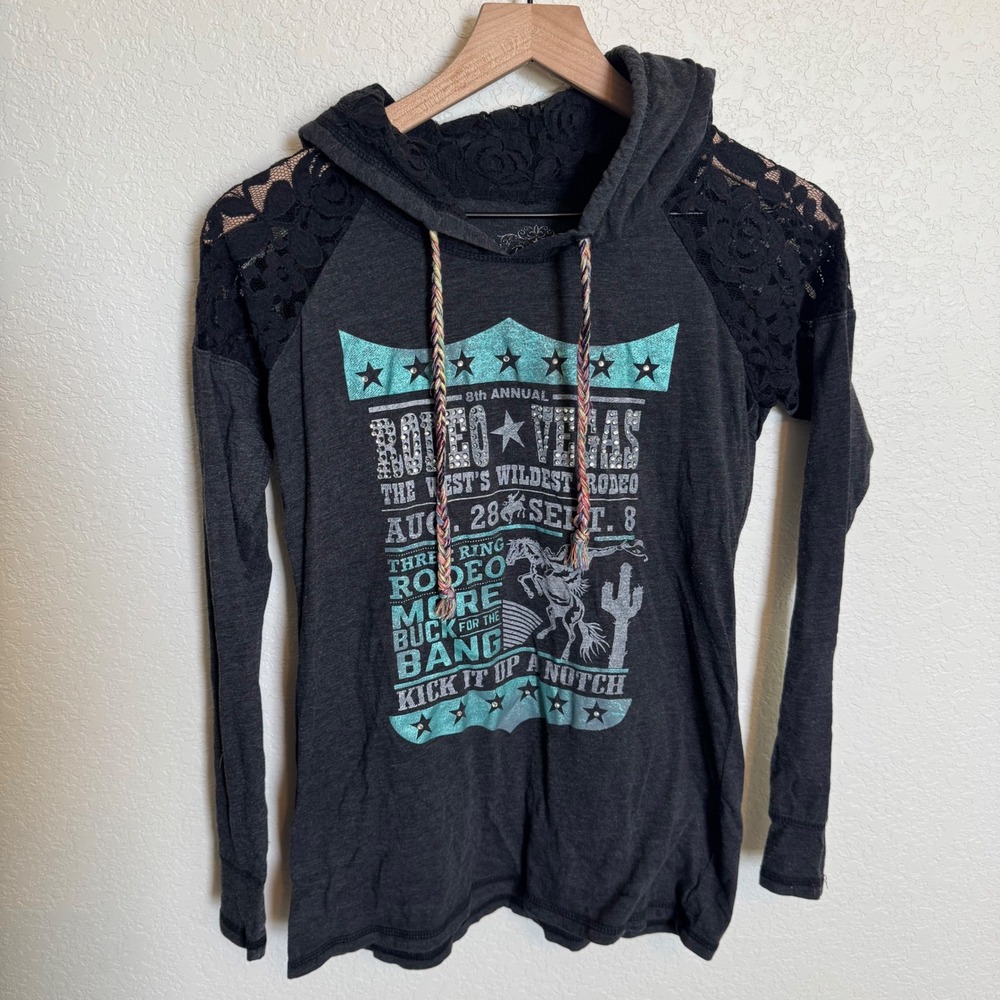 Western Bling Cowgirl Panhandle Slim Rodeo Vegas Hoodie Large Charcoal Grey